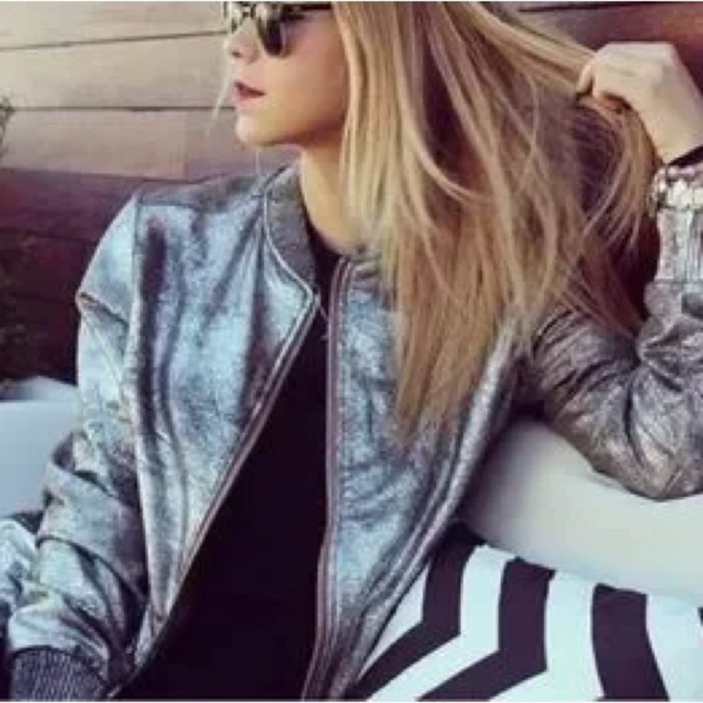 Zara Woman Silver Foiled Metallic Faux Suede Bomber Jacket Size S